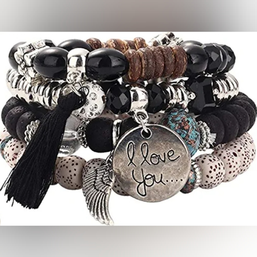Bohemian Charm Bracelet Set - Black, Silver, Brown